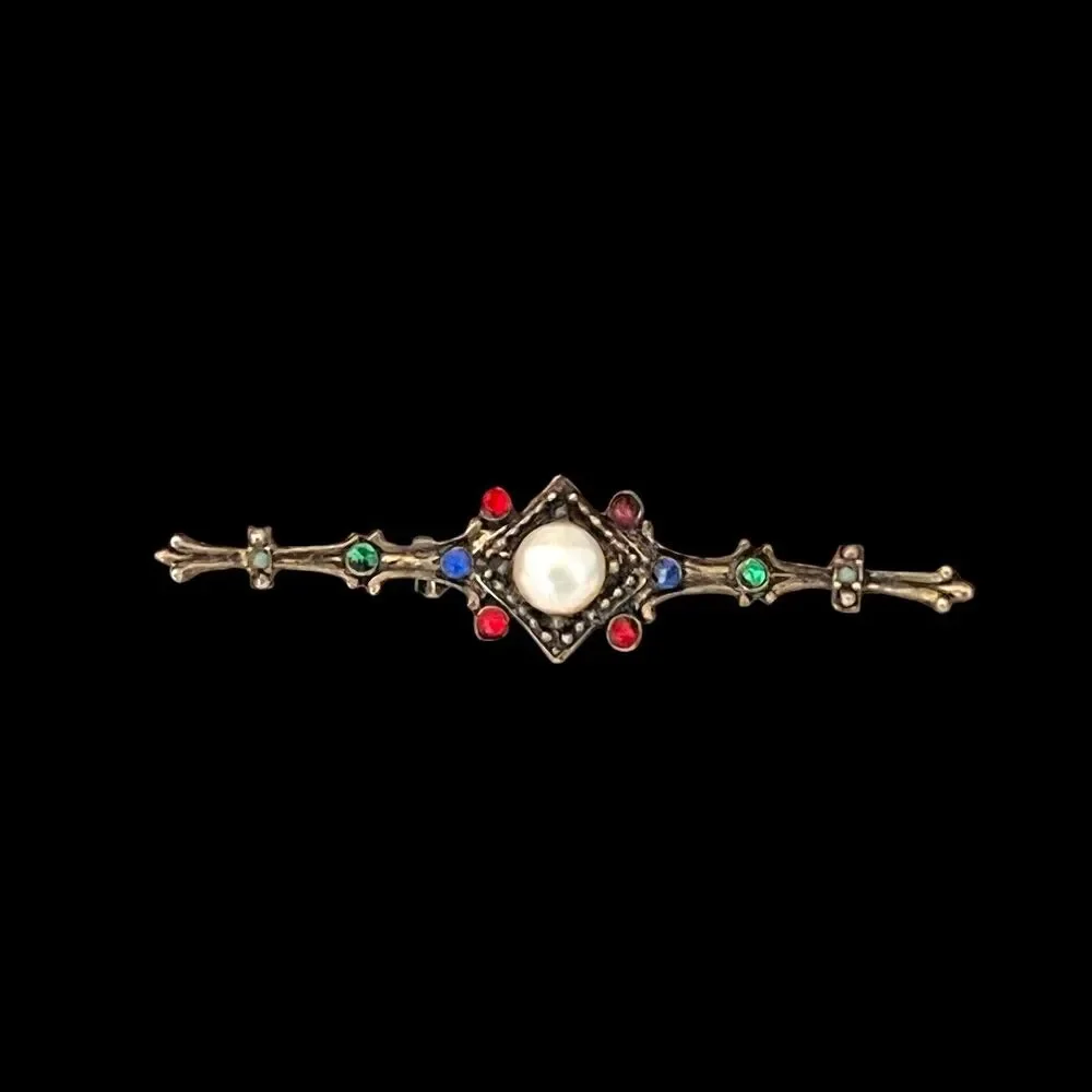 Vintage 1980s Bar Brooch Faux Pearl Rhinestone Gothic Revival - 1I